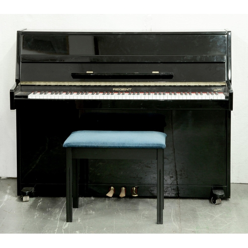 592 - A Regent black lacquer upright piano, late 20th c, three-pedal, 137cm l and a similar music stool (2... 