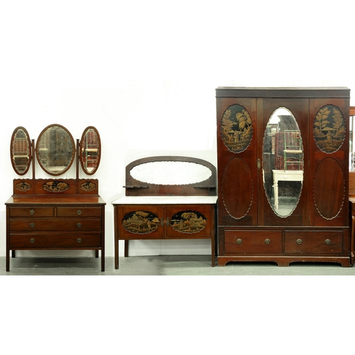 594 - A 'Chinese Chippendale' mahogany and japanned bedroom suite, early 20th c, with blind fret carved de... 