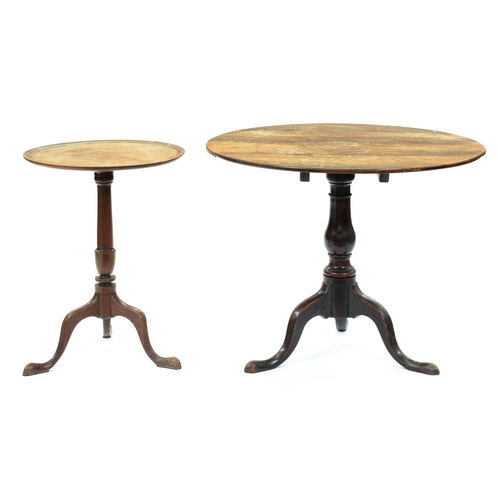 601 - A George III mahogany tripod table, with dished top, 69cm h; 51cm diam and a George III oak ripod ta... 