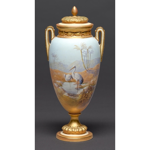 62 - A Royal Worcester vase and cover, 1912, painted by W Powell, signed, with egrets at an oasis in a co... 