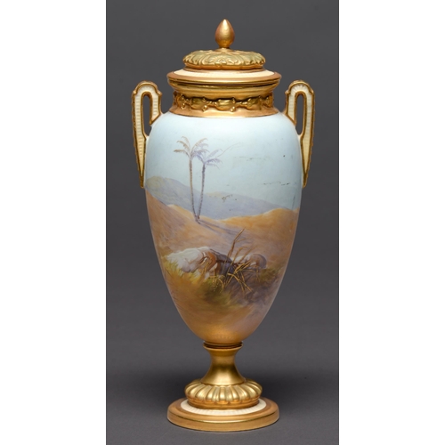 62 - A Royal Worcester vase and cover, 1912, painted by W Powell, signed, with egrets at an oasis in a co... 