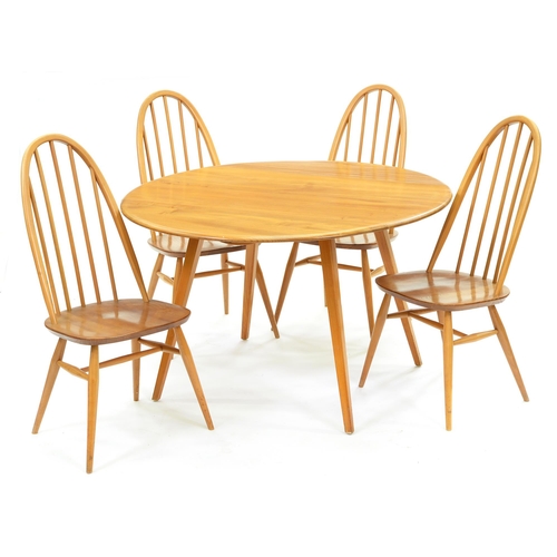 630 - An Ercol ash drop-leaf dining table and set of four chairs, c1970, table 71cm h; 113 x 123cm... 