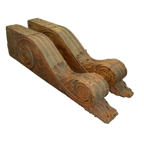 637 - A pair of monumental acanthus and volute carved oak corbels, early 20th c, 21 x 54 x 186cm... 