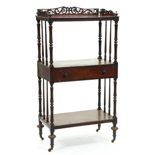 640 - A Victorian mahogany whatnot, fitted with a drawer to the middle of three tiers, having turned uprig... 