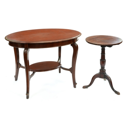 643 - A George III mahogany tripod table, 72cm h; 48cm diam and a larger Edwardian oval mahogany table, on... 