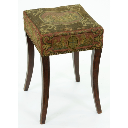 644 - An early Victorian mahogany and ebony line inlaid sabre-leg stool, the contemporary brass nailed stu... 