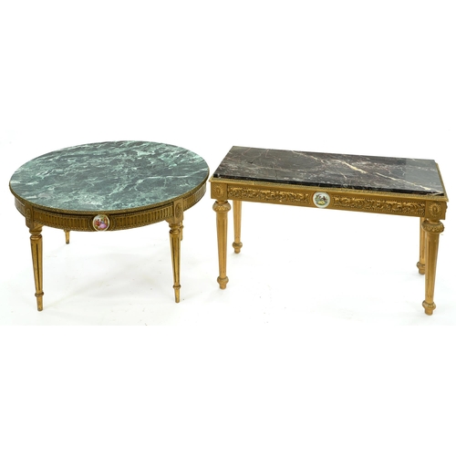 647 - A porcelain mounted faux marble table, 20th c, in Louis XVI style, 48cm h and another with damaged m... 