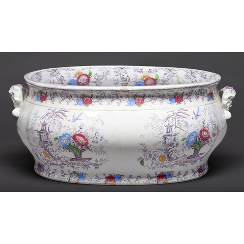 65 - A Staffordshire lilac printed and enamelled earthenware footbath, c1870, with chinoiseries and flowe... 