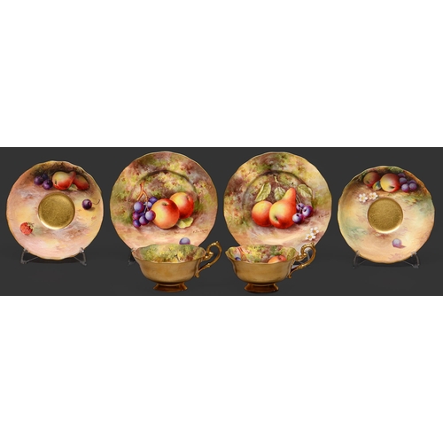 66 - Two Royal Worcester fruit painted teacups, saucer and plates, 1929 and 1930,  one cup and both plate... 