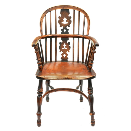 661 - A Victorian yew wood and burr yew wood Windsor chair, North Nottinghamshire, with crinoline stretche... 