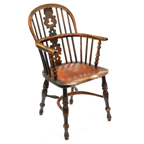 661 - A Victorian yew wood and burr yew wood Windsor chair, North Nottinghamshire, with crinoline stretche... 