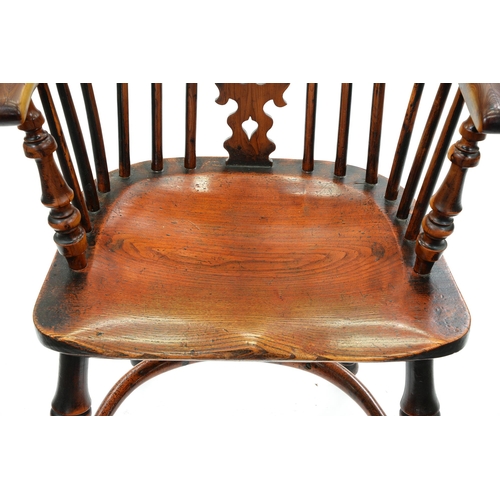 661 - A Victorian yew wood and burr yew wood Windsor chair, North Nottinghamshire, with crinoline stretche... 