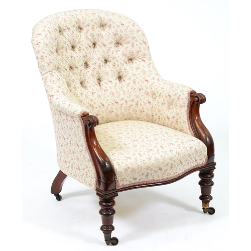 665 - A Victorian mahogany armchair, in buttoned upholstery and brass castors, seat height 47cm... 