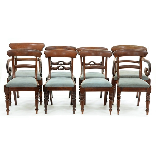 677 - Two sets of four Victorian mahogany dining chairs, each including an elbow chair, on similarly turne... 