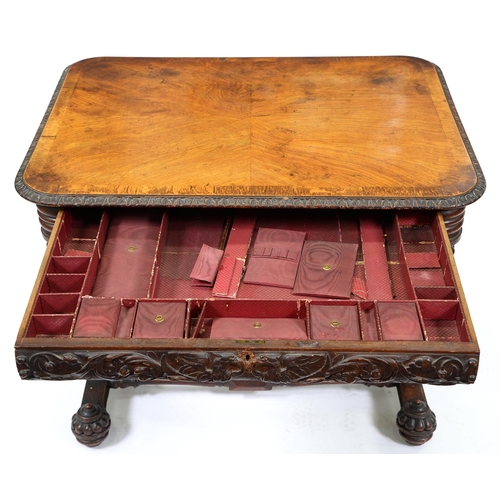 681 - A William IV antiquarian taste pollard oak and brown oak work table, dated '1643', the oblong top ve... 