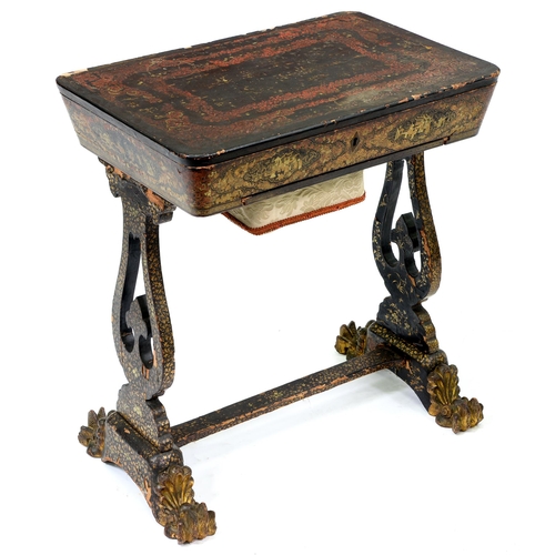 687 - A Chinese black and gold lacquer work table for the English market, 19th c, the fitted interior with... 