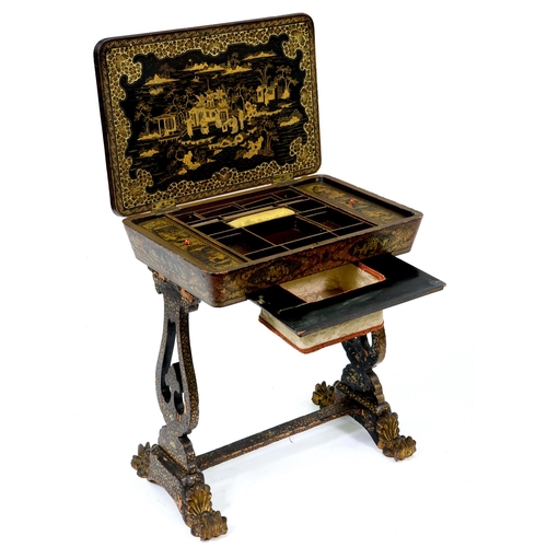 687 - A Chinese black and gold lacquer work table for the English market, 19th c, the fitted interior with... 