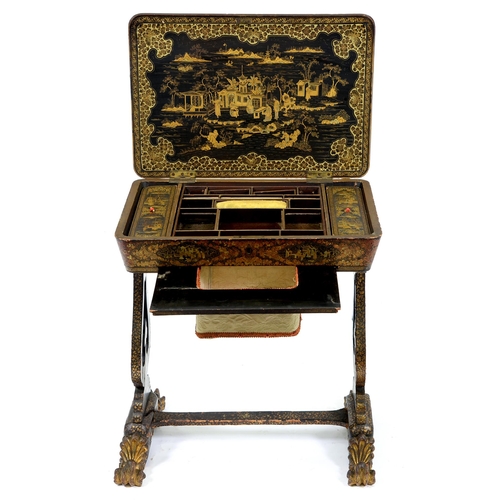 687 - A Chinese black and gold lacquer work table for the English market, 19th c, the fitted interior with... 