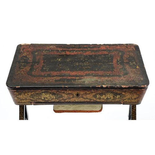 687 - A Chinese black and gold lacquer work table for the English market, 19th c, the fitted interior with... 