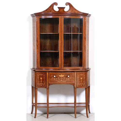 688 - An Edwardian serpentine mahogany, inlaid and penwork china cabinet with secretaire, decorated throug... 