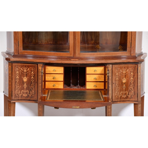 688 - An Edwardian serpentine mahogany, inlaid and penwork china cabinet with secretaire, decorated throug... 