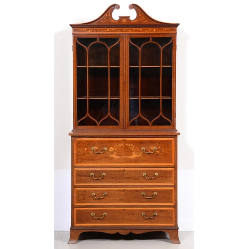 689 - An Edwardian mahogany and inlaid secretaire bookcase, crossbanded in satinwood, line inlaid and deco... 