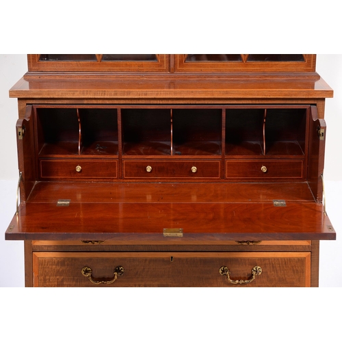 689 - An Edwardian mahogany and inlaid secretaire bookcase, crossbanded in satinwood, line inlaid and deco... 