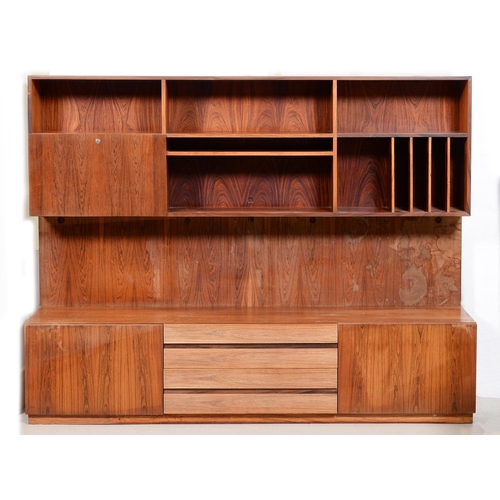 692 - A mid-century modern rosewood wall unit, c1970, 181cm h; 50 x 230cm