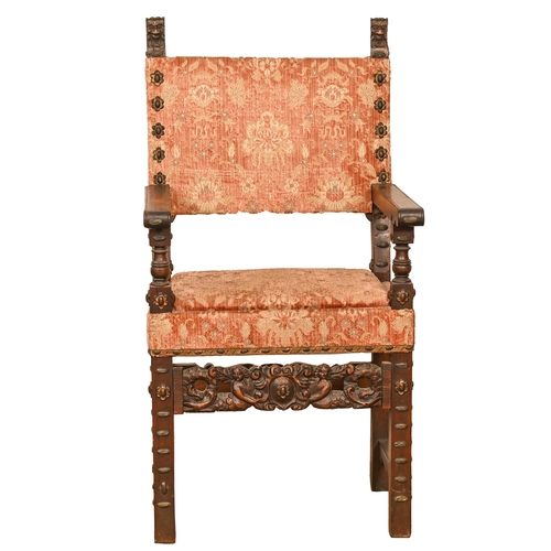 704 - A Spanish walnut armchair, late 19th c, in 17th c style, seat height 57cm