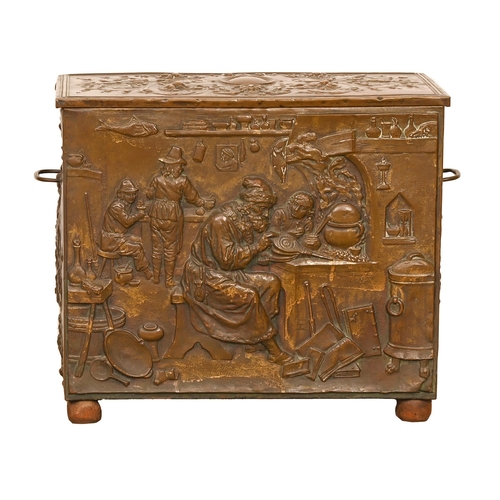 707 - A Dutch sheet brass covered wood log box, c1900, stamped in high relief with an alchemist, the sides... 