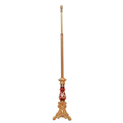 709 - A gilt brass standard lamp, incorporating a Bohemian ruby flashed and silvered glass vase, 139cm h e... 