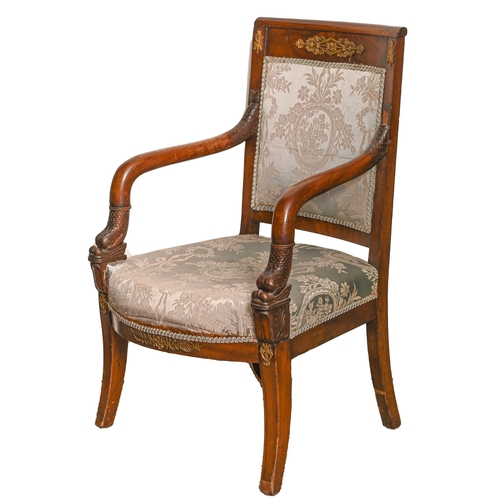 718 - A Charles X mahogany armchair, with gilt bronze appliques and carved arms in the form of a fishtaile... 