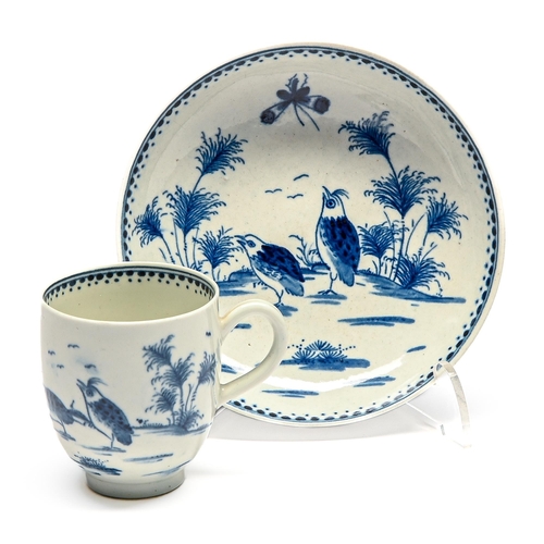 72 - A Worcester blue and white Two Quails pattern coffee cup and saucer, c1775-1780, 12.5cm diam, open c... 