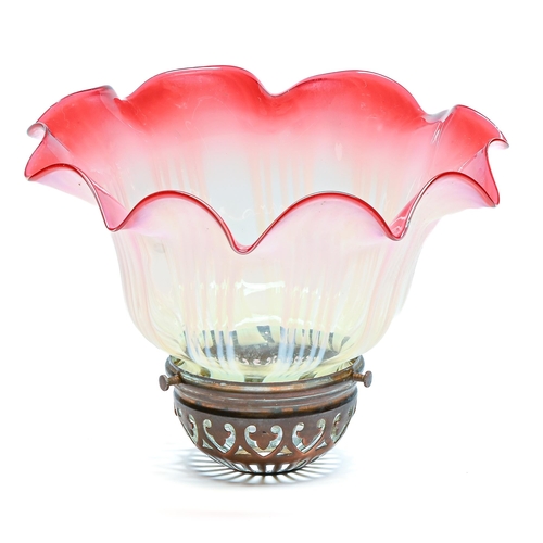 81 - A semi opalescent and cranberry shaded glass lampshade, early 20th c, with oxidised metal mount, 20c... 