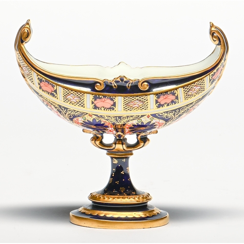 90 - A Royal Crown Derby Imari pattern boat shaped  pedestal vase, early 20th c, 13cm h, printed mark, pa... 