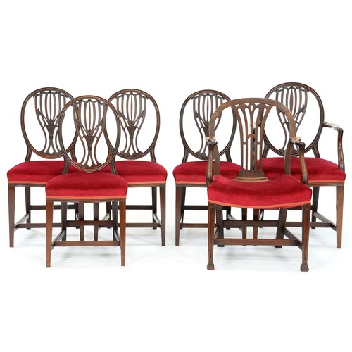 675 - A set of five mahogany dining chairs and a George III elbow chair, early 20th c and early 19th c res... 