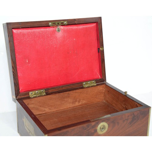 103 - A brass mounted figured mahogany writing box, early 19th c, the shaped tablet to the lid engraved Jo... 