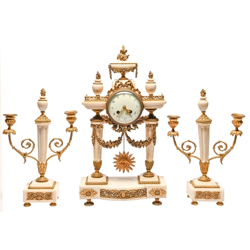 796 - A French ormolu mounted statuary marble garniture de cheminee, late 19th c, in Louis XVI style, the ... 