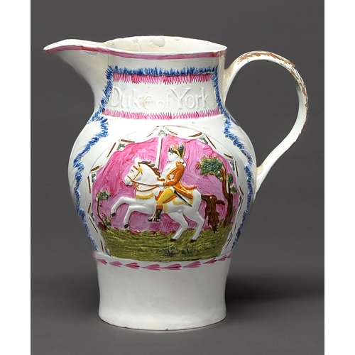 615 - A Pratt Ware Duke of York and Prince Cobourg pearl ware jug, c1793-4, the portrait painted in a typi... 