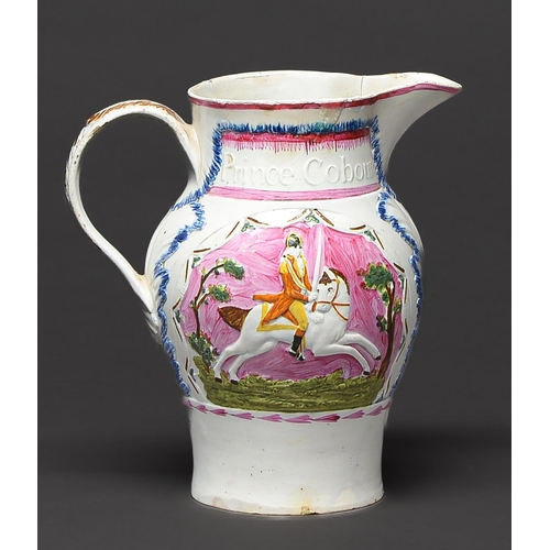 615 - A Pratt Ware Duke of York and Prince Cobourg pearl ware jug, c1793-4, the portrait painted in a typi... 