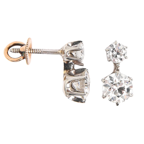 102 - A pair of diamond ear studs, in gold with threaded stud, 13mm h, 2.8g