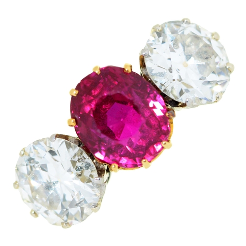 103 - A ruby and diamond ring, the cushion cut ruby of 3.4ct approx., in gold, 4.5g, size LSold with Gemmo... 