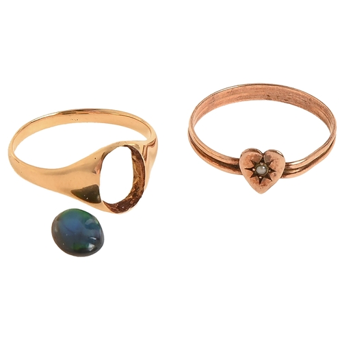 106 - Two gold rings, one with (detached) black opal doublet, 3.2g, size M and N