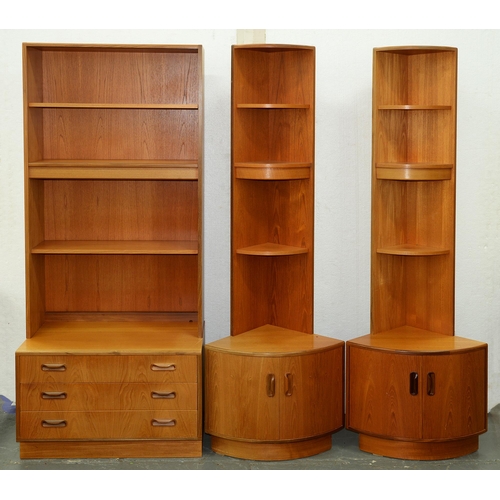 1079 - A pair of G-Plan teak corner cupboards with shelved superstructure and a contemporary G-Plan bookcas... 