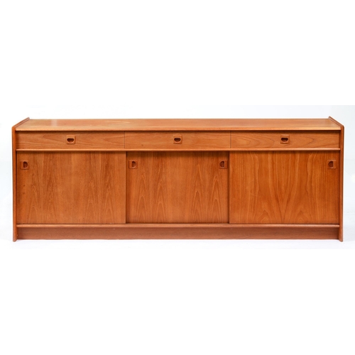 1084 - A teak sideboard, c1970, with three drawers above three sliding doors, 73cm h; 46 x 198cm... 