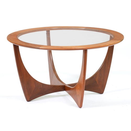 1085A - A G-Plan round teak coffee table, c1960, with glass top, 46cm h; 83cm diam