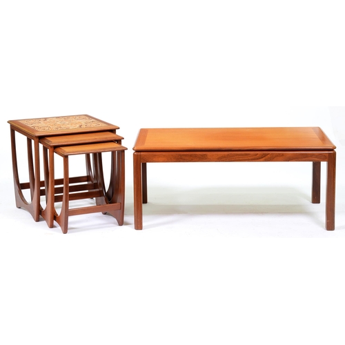 1086 - A G-Plan Fresco nest of teak tables, one with tiled top, c1970, 51cm h; 50 x 50cm, stamped 3506 and ... 