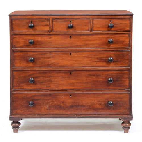 1097 - A Victorian mahogany chest of drawers, with ebonised knobs, on turned feet, 113cm h; 52 x 114cm... 