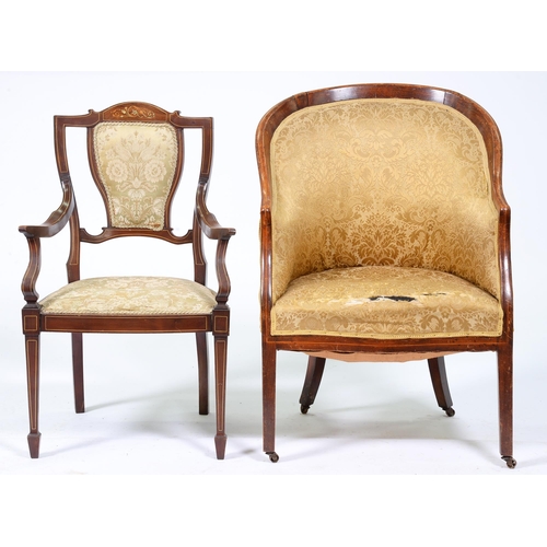 1098 - A Edwardian mahogany and inlaid armchair, with padded shield shaped back and a Continental walnut be... 