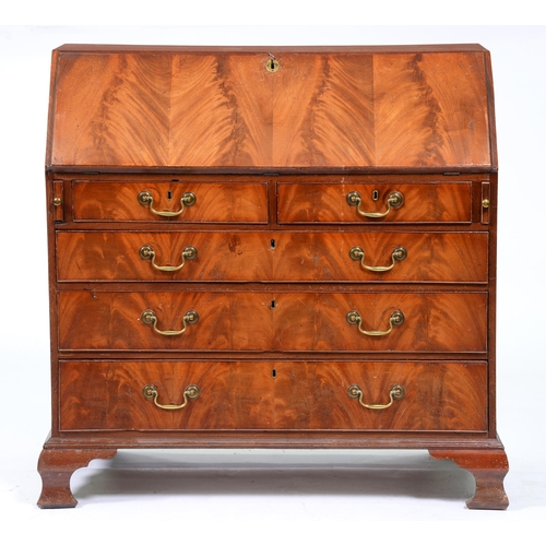 1099 - A George III flame figured mahogany bureau, the fitted interior inlaid with paterae, 111cm h; 52 x 1... 